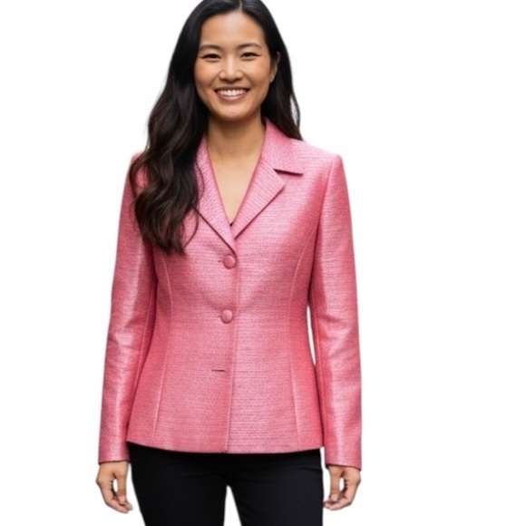 KASPER | Metallic Jacquard Long Sleeve Button Front Pink Blazer Jacket Size 10 - Picture 1 of 12